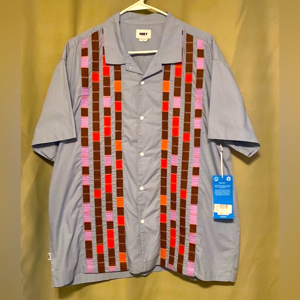 Obey Organic Jules Woven Button Up Mens Short Sleeve Short Good Grey Size L NWT